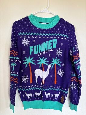 FUNNER California Purple Holiday Sweater with Palm & Llama Motif